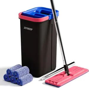 JOYMOOP Mop and Bucket Set with Wringer 5 Reusable Microfiber Mop Pads for Floor & Wall Cleaning Hands-Free Flat Mop for Home Use