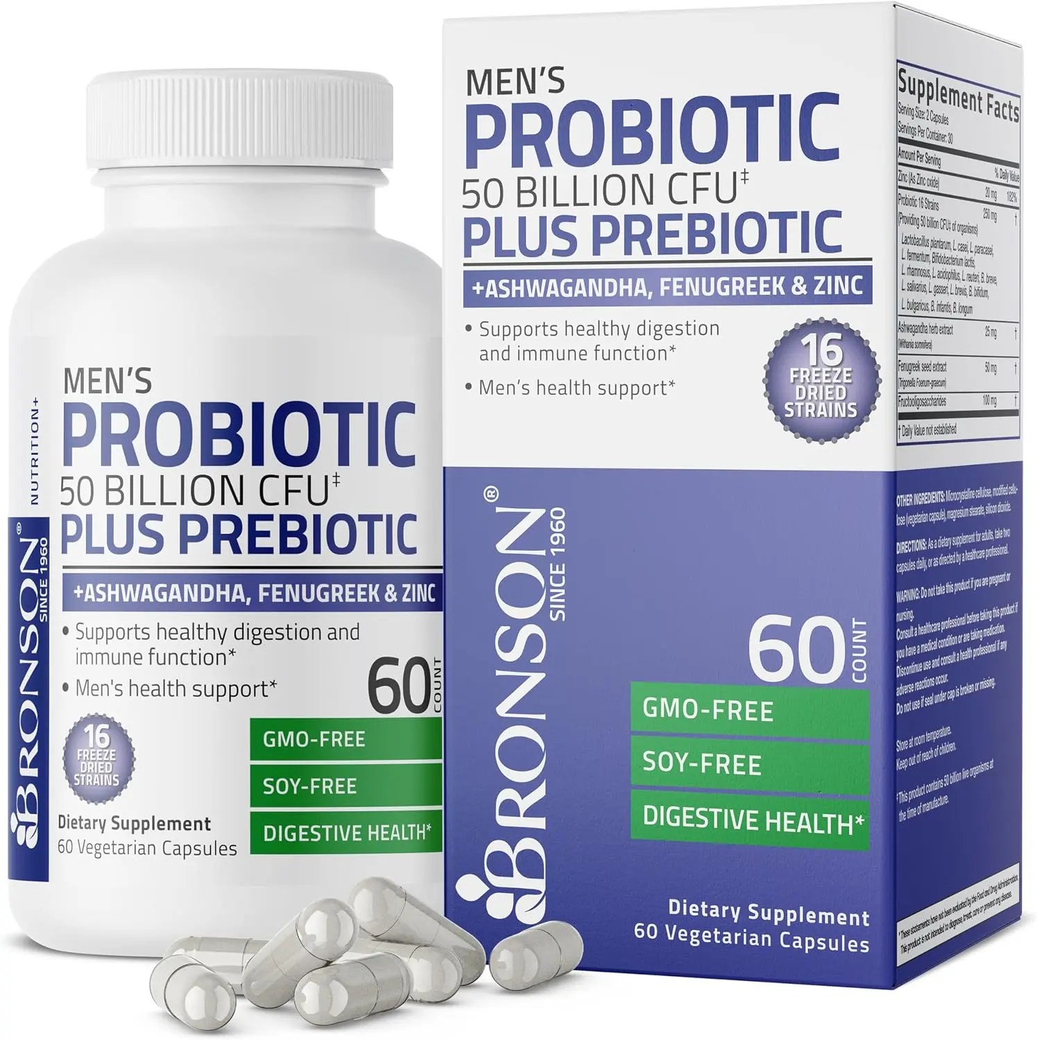 Bronson Men's Probiotic 50 Billion CFU Plus Prebiotic with Ashwagandha, Fenugreek & Zinc, Supports Healthy Digestion & Immune Function Non-GMO, 60 Vegetarian Capsules