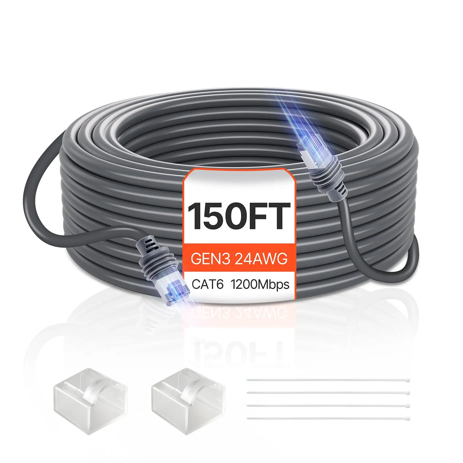 VEVOR Starlink Gen 3 Extension Cable, 150 FT 24 AWG Copper Core, Durable PVC Jacket, High-Density PVC Jacket, Pre-Installed Dust Protection Cover, Zip Ties for Easy Installation, Flexible Wiring for RV, Camping, Pure Copper Wire, Dust Covers