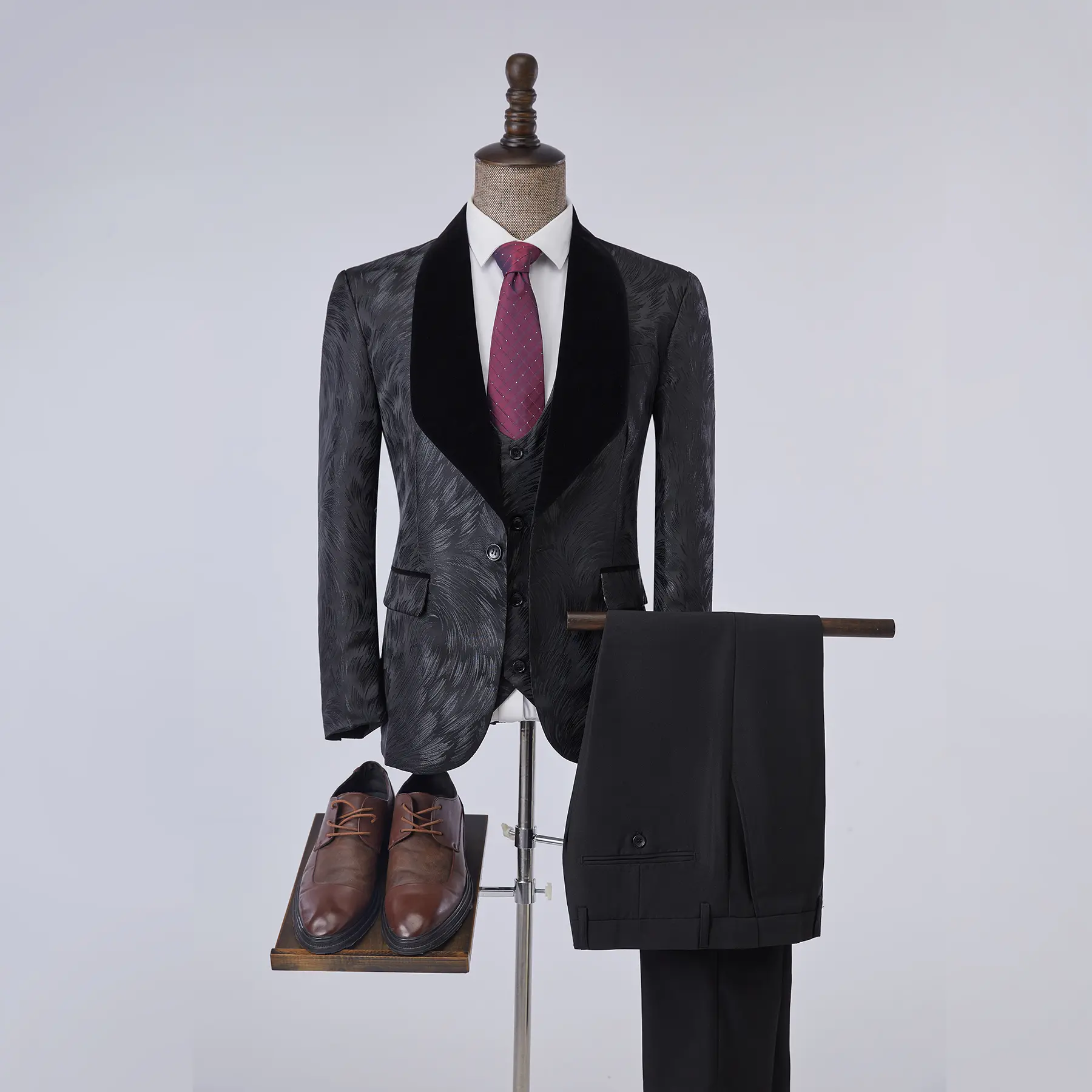 Mens Suit 3 Piece Slim Fit Jacket Feather Pattern Blazer Coat Pants Sets Stylish Shawl Tuxedo for Party Dinner Prom-Black sae  byeok Men's Three-Piece vintage  suit prom suit party suits