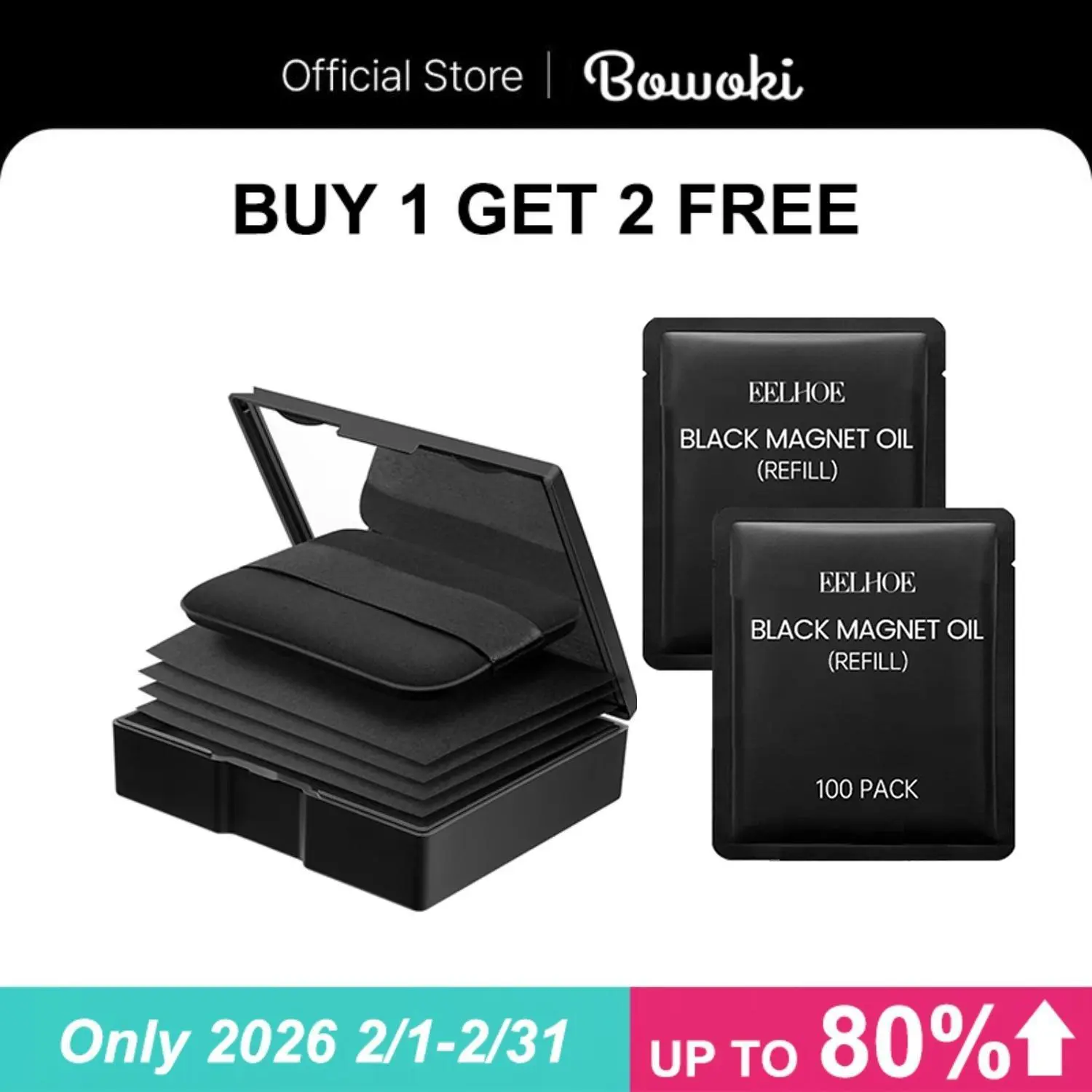 Makeup Puff Blotting Paper (Buy 1 Get 2 Free) - Strips Blotting Paper with Powder, Black Magnetic Sheet for Oily Skin, Portable Compact with Mirror, 400 Sheets + 8 Refill Adhesive Pads, Long-Lasting Makeup Freshness, Facial Makeup Tool