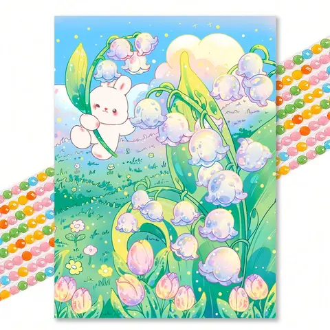 Cartoon Rabbit & Bell Orchid Pattern Animals Diamond Arts Colorful Diamond Pattern Design Painting Kit, 1 Set DIY 5D Diamond Decorative Painting Without Frame For Bedroom Living Room Handicraft