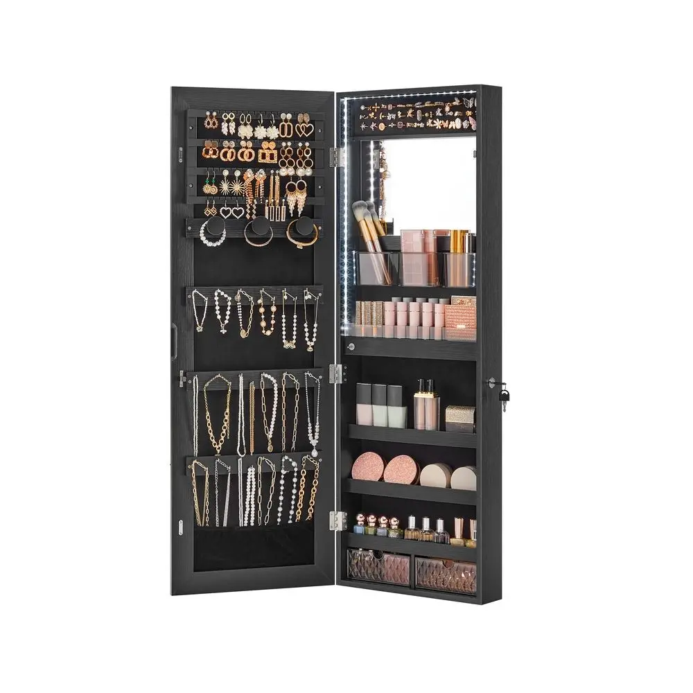 SONGMICS MDF Wood Jewelry Cabinet Armoire Organizer with LED Lights - Wall-Mount Modern Cupboards, Cupboards Cabinets, Full-Length Frameless Mirror, Built-in Makeup Mirror, 2 Drawers, Key Lock, Vanity Aesthetic Wall-Saving Storage Solution