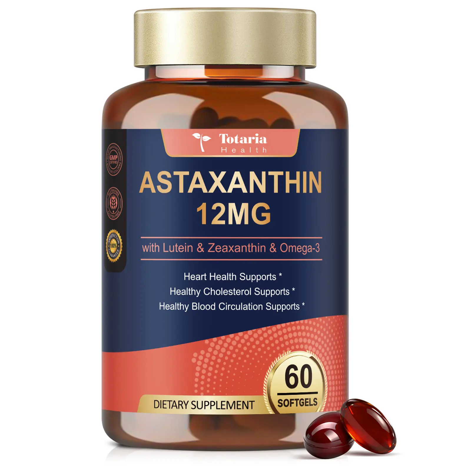 Totaria Astaxanthin 12mg Softgels – with Lutein, Zeaxanthin & Omega-3 – Supports Healthy Cholesterol & Circulation – 60-Day Supply – Antioxidant Formula