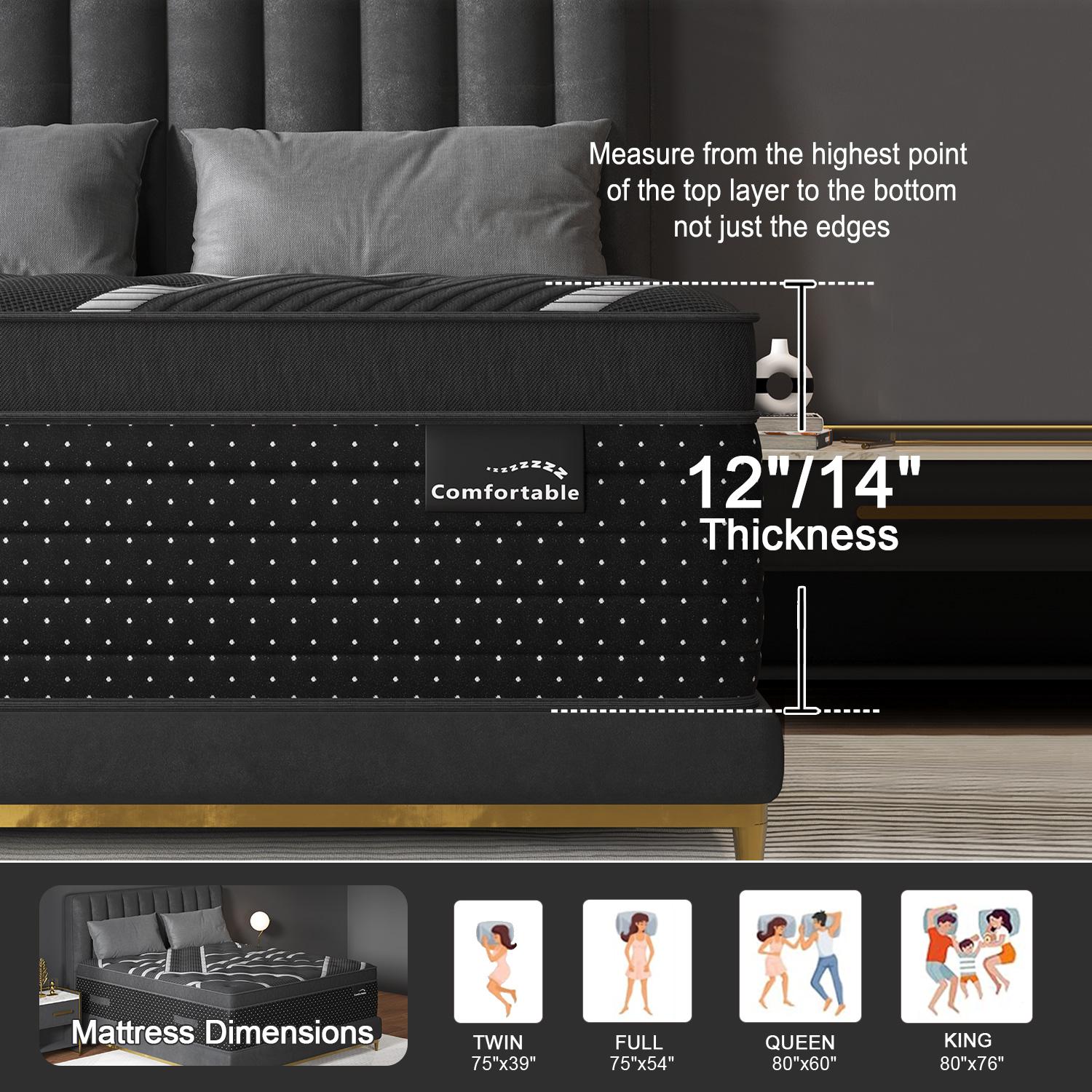 12/14 Inch Twin Full King Queen Mattress , Hybrid Mattress in a Box, Memory Foam and Individual Pocket Springs, Edge Support, Motion Isolation & Pressure Relief, Medium Firm