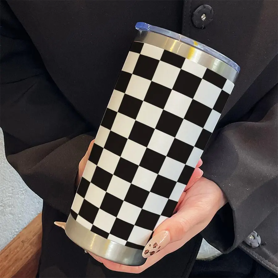 Checkerboard Pattern Vacuum Flask, 20oz Cup with Lid, Stainless Steel Tumbler, Portable Water Bottle, Drinking Cup for Home Office School, Drinkware, Container, Insulated Cup, Thermal Cup, Drinkware Flasks