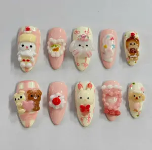 Cute Dessert Animal Press-On Nails, 3D Bunny & Bear Charm Design, Soft Pink Cream Palette, Cherry Cake Details, Kawaii Cottagecore Handmade Nail Set, Sweet Pastel Gift for Her