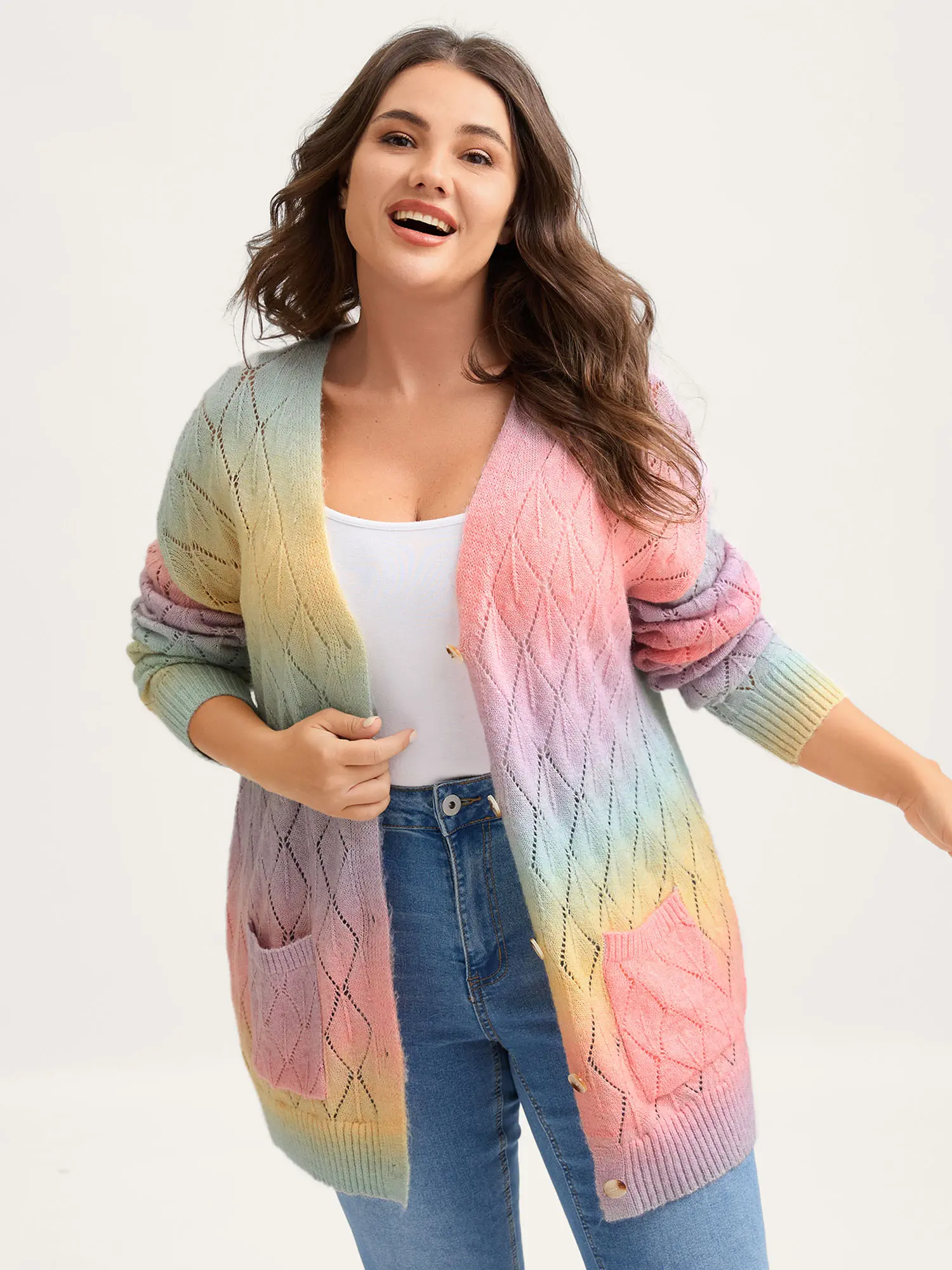 BloomChic Women's Plus Size 2-Tone Ombre Cardigan - Long Sleeve Tops Women, V-Neck, Medium Length, Low Stretch for Steady Fit, 56% Polyester-Acrylic-Nylon Blend, Pockets, Eyelet Trim, Soft Wear, Low Iron, Size 12/L Affordable Knitwear, Multicolor