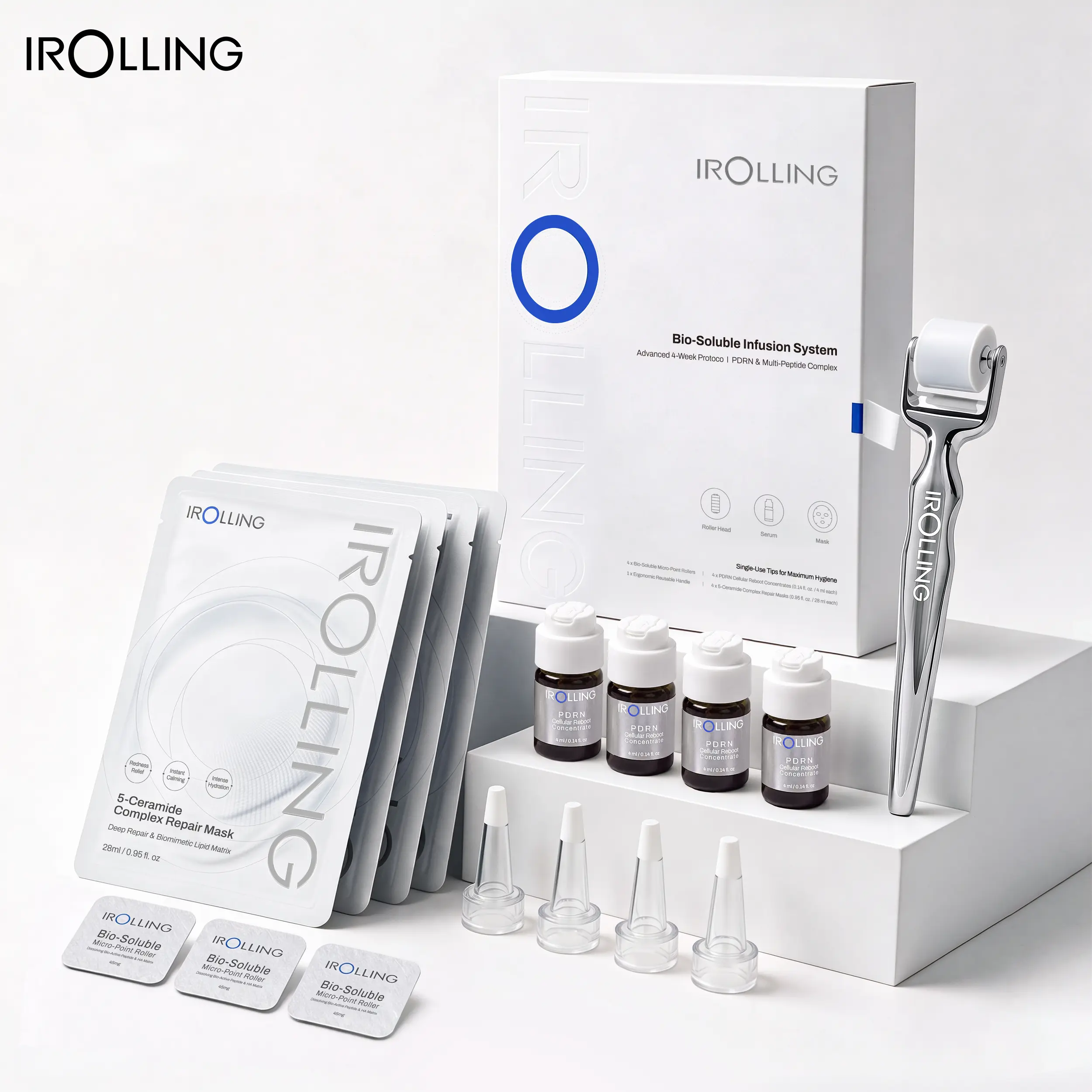 IROLLING 4-Week Skincare Kit At-Home Micro-Infusion System for Early Skin Changes - Single-Use Bio-Soluble Micro-Point Roller Refills, PDRN Concentrates & 5-Ceramide Complex Sheet Masks (4 Complete Sessions)