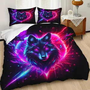 Fluorescent Heart-Shaped Wolf Totem Print Duvet Cover Set, Bedroom Bedding Set, Cyberpunk-Inspired Romantic Bedding Set,Combining Mystery and Unique Feel.Soft Material for Cozy Sleep.2/3Pcs Includes 1 or 2 Pillowcases, No Filling/With Zipper Closure.