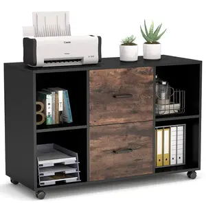Tribesigns Large 2 Drawer File Cabinet for Home Office: Mobile Lateral Filing Cabinet with Printer Stand, Storage Shelves, and Rolling Wheels (Black/Rustic)