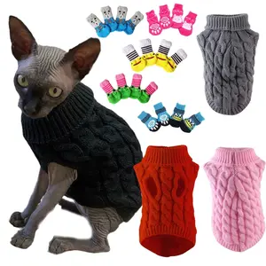 5-piece comfortable knitted cat and dog sweater with 4 socks - a soft pullover suitable for small pets, suitable for both cats and dogs, warm in winter and autumn, 5 colors to choose from, machine washable, Kittens