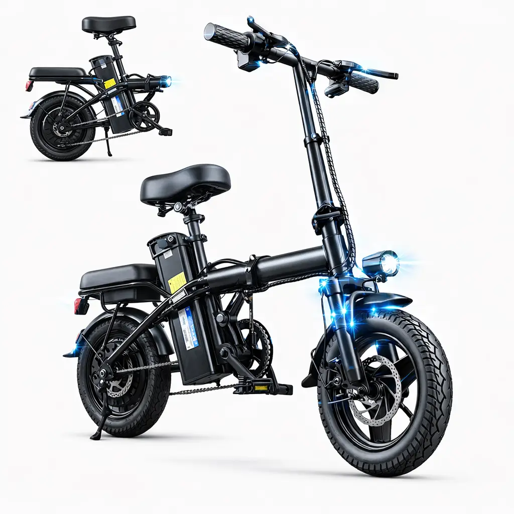 Portable Folding Ebike for Adults - Dual-Seat Rechargeable Electric Commuter Bike, 450W Motor, 48V 15Ah Battery, 25km Range, 22MPH Speed, 8-Level Shock Absorption, Space-Saving for Office & Trunk Storage
