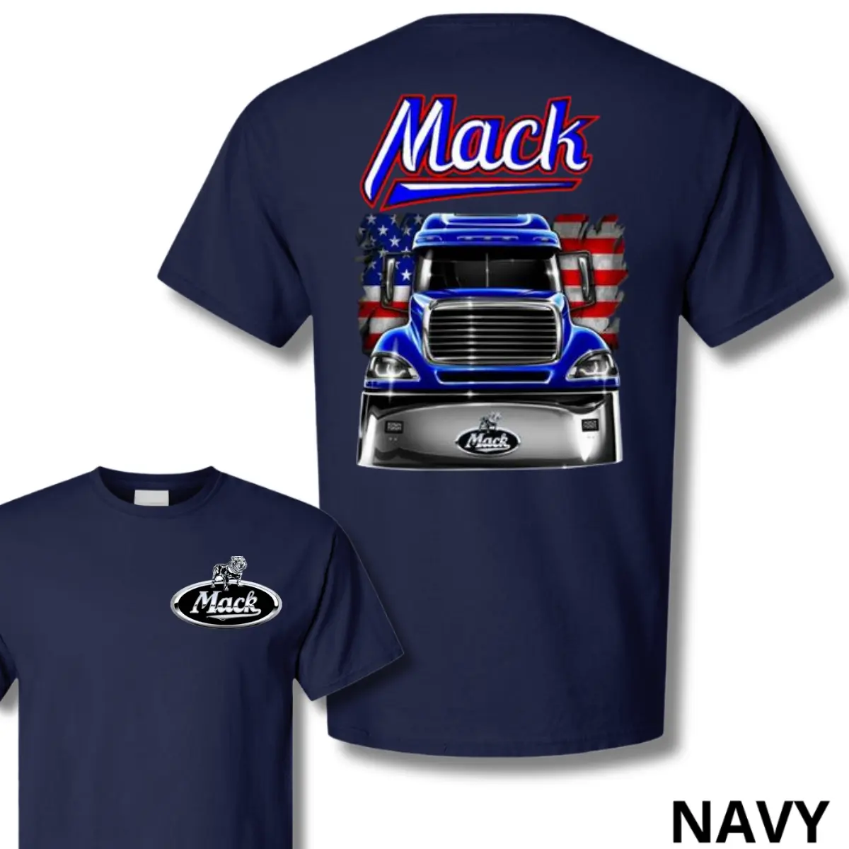 Mack Truck T-Shirt, Bold American Flag Graphic Tee, Soft Cotton Blend Shirt, Automotive Apparel for Men, Perfect Gift for Truck Enthusiasts