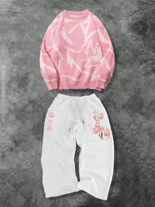 Men's Fashion Casual Two-Piece Set, Soft Comfortable Round Neck Sweater and Drawstring Straight Leg Pants, Spring Fall Winter Home Wear