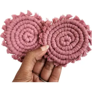 2PC Cotton Boho Macrame Car Cup Coasters for Cup Holders, Cute Drink Coaster Car Accessories for Women, Champagne Pink