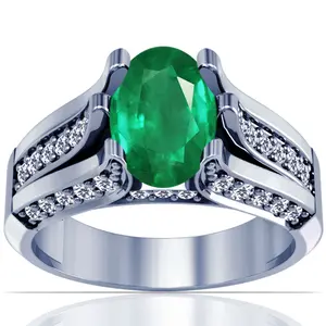 Emerald Oval and Diamond Ring - (14k White Gold)- R64605REEM