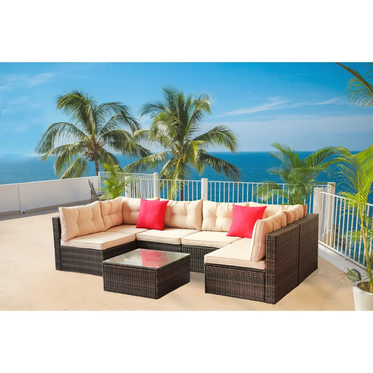 Aobtkel 7-Piece PE Rattan Sectional Corner Sofa Set - Patio, Outdoor, Porch Furniture with Shallow Brown Cushions, Patio Furniture Sets, Outdoor Furniture Sets