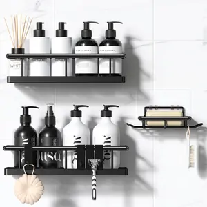 3/5 Wall-Mounted Shower Caddy Organizer Rack Set, No Drill Holder, Self Adhesive Black Basket, Bathroom Home Accessories Storage, Farmhouse Wall Inside Organization Decor, Hanging Kitchen Skincare,Removable Shelf Drying Fathersdaygifts