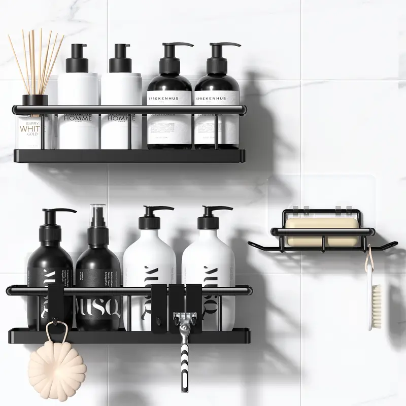 Black Wall-Mounted Rust-Proof Metal Shower Caddy Set (2pcs/3pcs/5pcs) with 3pcs Black Corner Rack, Tempered Glass Removable Floating Shelves, No-Drill Self-Adhesive Hooks, Hollow Drain, Lightweight Easy-Clean Bathroom Organizer Supplies (Different Sizes)