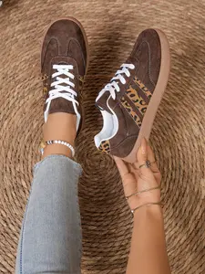 Women's Leopard Print Casual Skate Shoes, Thick Sole Flat Leather Design, Comfortable Lightweight, Multi-Functional Practical