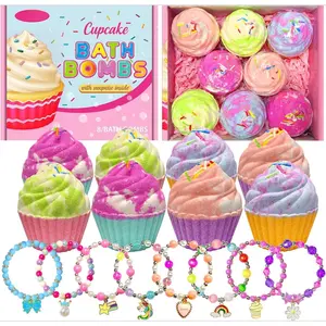 BX-TBT17 Bath Bombs for Kids with Surprise Jewelry Inside 8 Cupcake Bath Bombs for Girls Gift Set Handmade Fizzes Balls with Rich Bubble Bath Ideal for Children Birthday Christmas Body Care Blueberry Bright Cocoa Kiwi Long Lasting Moisturize Moisturizing