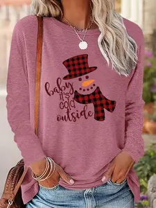 Women's Christmas Themed Cartoon Snowman Print Drop Shoulder T-shirt, Casual Long Sleeve Round Neck Pullover for Daily Wear, Casual Fashionable Top, Ladies Fall & Winter Clothes