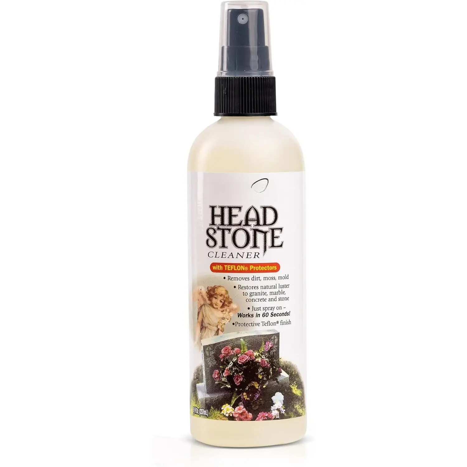 8 fl oz (Pack of 1) Headstone Cleaning Spray - Cemetery Headstones Memorial Care Solution, Easy-to-Clean Grave Upkeep Formula Removes Dirt, Organic Growth, Restores Luster to Granite, Marble, Slate, Concrete, Limestone, Stone, Adds Protective Coat, Synthe