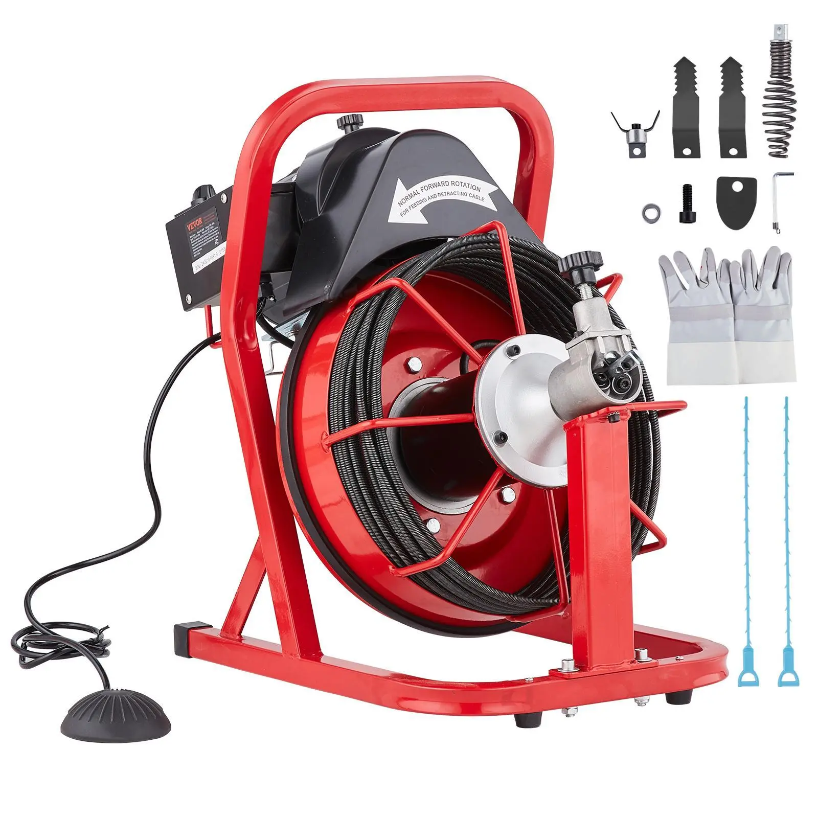 【Backtoschool】VEVOR Electric Drain Cleaner Machine, 50 ft x 3/8" Drain Clog Remover, Powerful Pipe Dredging Auto Feed Sewer Snake Auger with 4 Quick-Change Cutters & Air-Activated Foot Switch for 2"-4" Pipes, Ideal for Restaurant Use