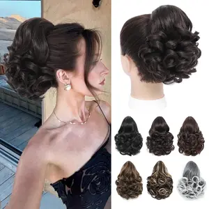 MOCA HAIR 9 Inch  Clip in Ponytail Extension Short Curly Wavy Pony Tails Hair Extensions for women,Messy Bun Fluffy Wavy Curly Synthetic Dark Brown for Daily Use