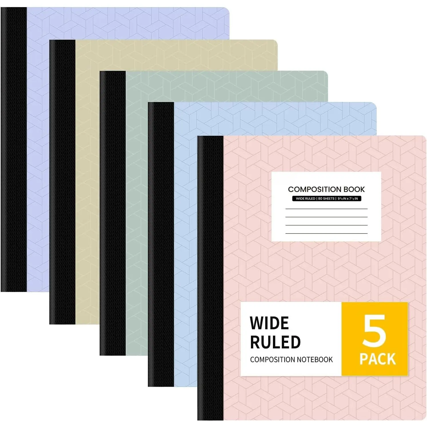 Composition Notebook, Wide Ruled Paper, 5 Pack, 9-3/4" x 7-1/2", 80 Sheets/160 Pages,  to School Supplies, Notebooks for School, Office Supplies (, , Blue, Green, Yellow)