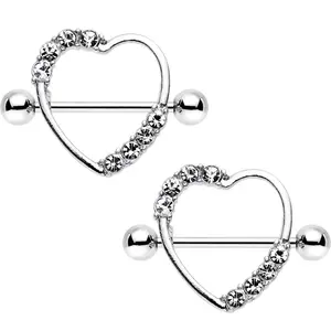 14 Gauge 3/4 Clear Gem Ring Round My Heart Nipple Shield Set