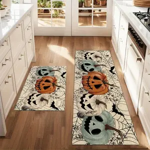 2Pcs Halloween Terrifying Pumpkin Lantern Floor Mat Set Farmhouse Kitchen Rug Dining Room Flooring Laundry Room Decor Carpet Mat, Floral Area Rugs