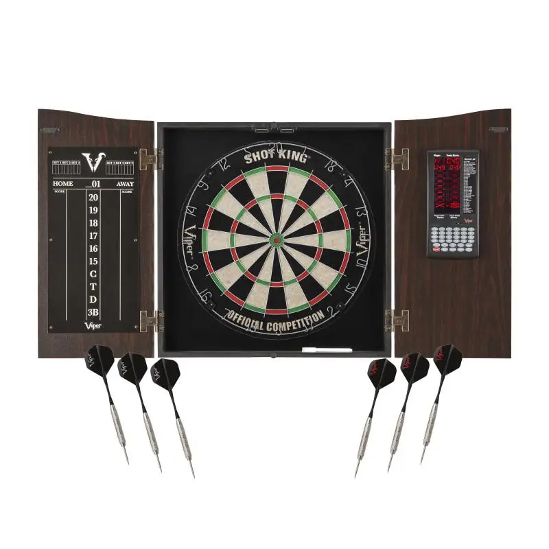 Deluxe Wood Dartboard Cabinet Set with Classic Walnut Finish, Features Electronic Scoreboard, 18-Inch Regulation Sisal Darts Board, Cabinets, Durability, Centerpiece