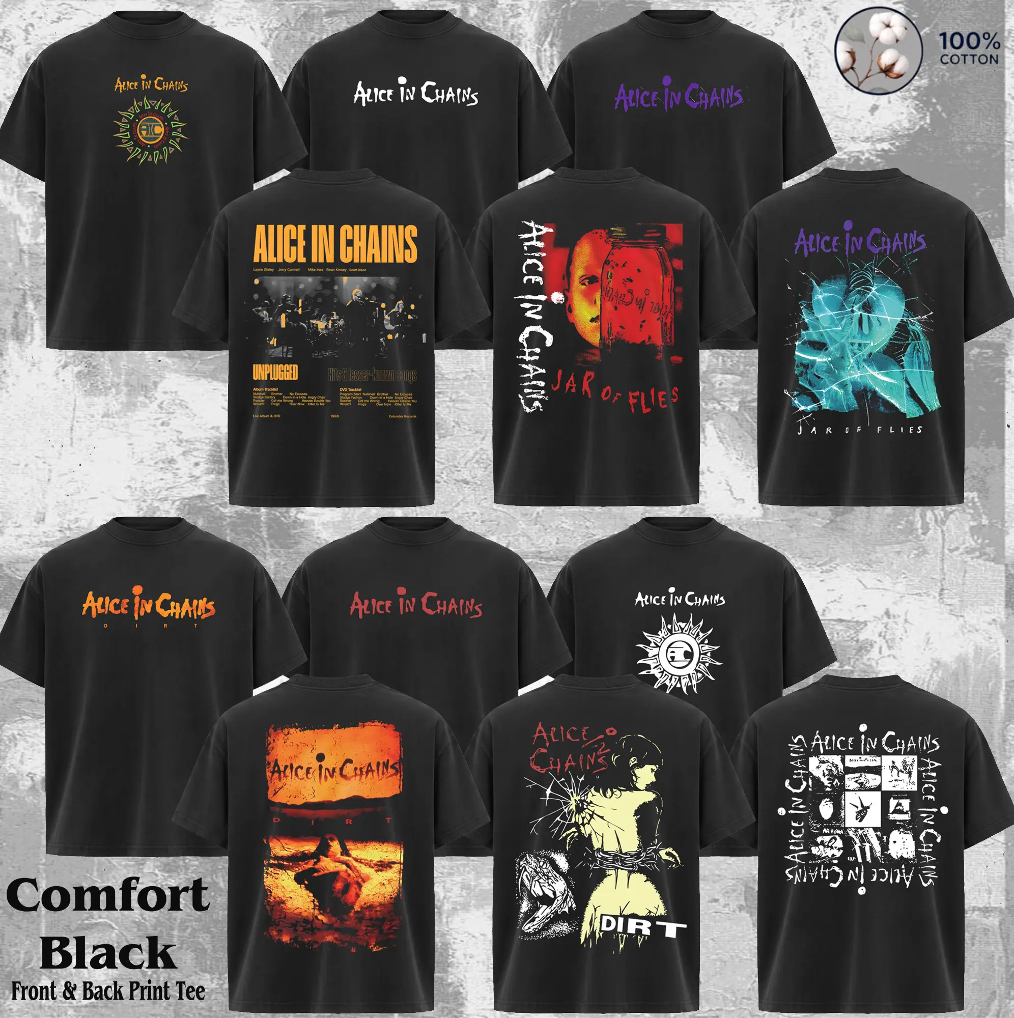 Men's Vintage Alice In Chains Band Short-Sleeve Round Neck Soft T-Shirt, Metal Rock Grunge 90s Graphic Print Tee with Pocket, Casual Trending Streetwear Collection Merch