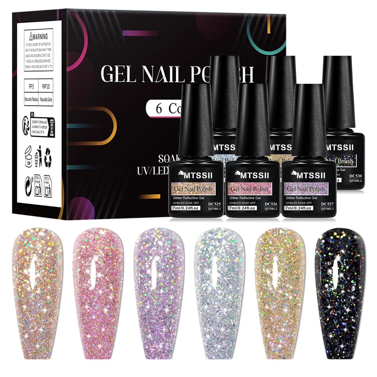 MTSSII Colorful Sequins Reflective Gel Nail Polish Set, Gel Shine Finish, 6pcs Glitter Silver and Black Gel Polish, Sparkly Nail Art Gel Varnish, Color Painting Gel, Home Manicure Nail Art Salon DIY, Shimmer Manicure