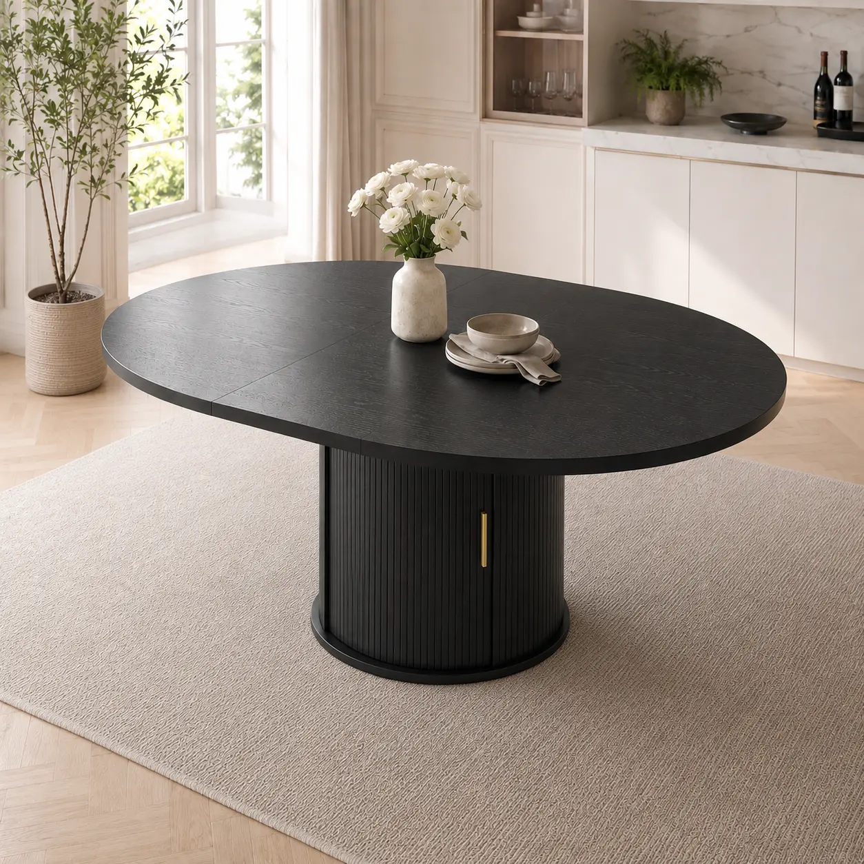 【Extendable】DHH 46.9-62.2 Inch Round-to-Oval Dining Table with Fluted Storage Pedestal and Sliding Tambour Door, Seats 6-8, Dining Tables, 4-6 Seats