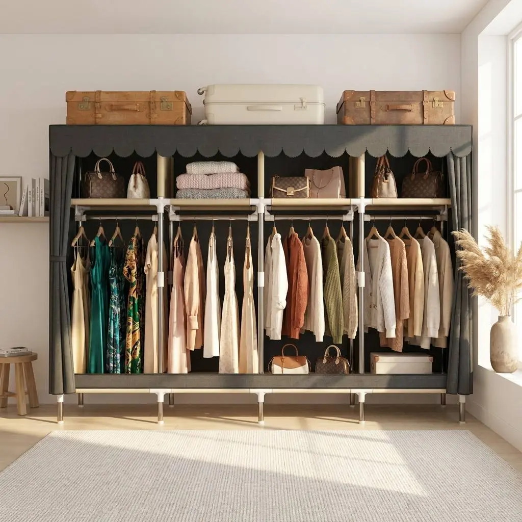 Portable Closet, Wide Freestanding Dustproof Clothes Wardrobe with 4 Hanging Rods & Top Storage Rack, Sturdy Steel Frame Large Clothing Closet for Bedroom, Small Space, Student Dormitory, Closet System, Stand Alone Wardrobe