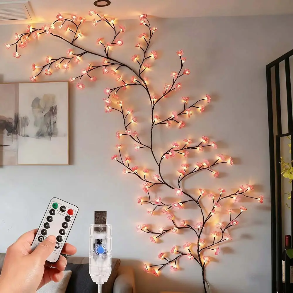 Cherry Blossom Lights Pink Cherry Blossom Tree Branches Flower LED Lights for Walls 1.8m 96 Flowers Enchanted Willow Vine Lights Christmas Fireplace Mantle Indoor Decor USB-Powered with Remote