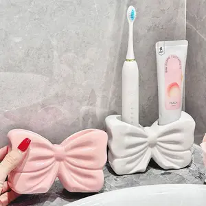 Bowknot Design Toothbrush Holder, 1 CountCeramic Toothbrush Storage Rack, BathroomSupplies for Home Hotel Salon Dormitory