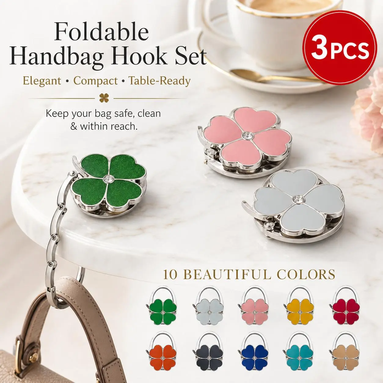3/1 Pcs Portable Foldable Purse Holder, clover decor table handbag hanger. Lightweight travel bag hook, durable and compact, universal design for indoor outdoor daily and travel use.
