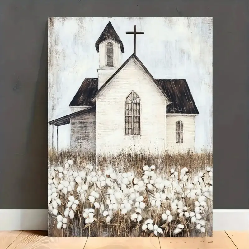 1 Piece Pudra Woven Field, Church and Christ Cross Print Canvas Wall Art - Country Retro Minimalist Landscape Painting, White Wheat Ears and Church Tower, Beige Brown Gray Tone, Suitable for Home Decoration - Christmas Birthday,Santa