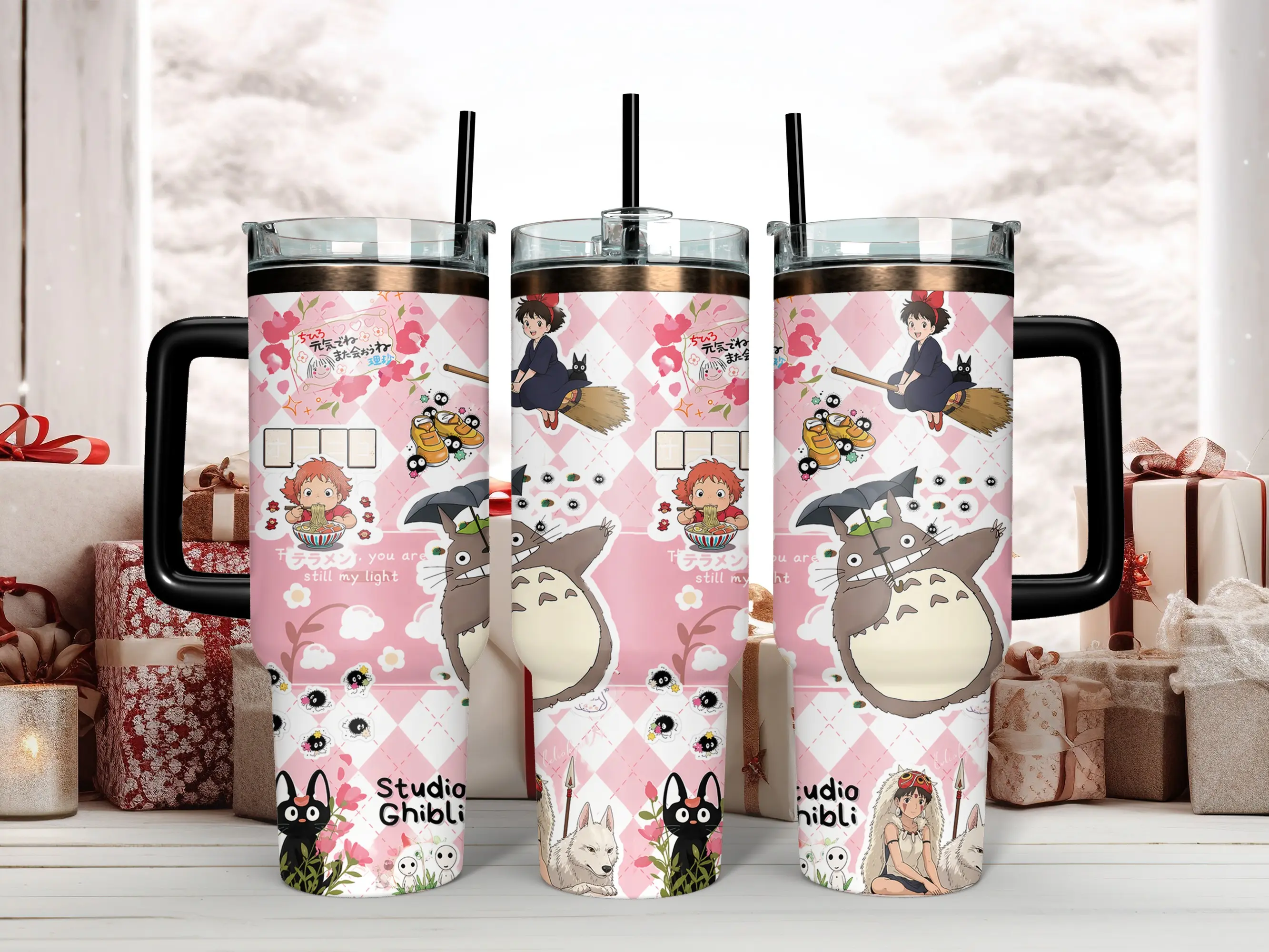 40oz Insulated Triple-Layer Stainless Steel Portable Flask - BPA-Free, Pink Checkered, Studio Ghibli Character Collage, Lid, Handle & Straw - Totoro,Kiki,Ponyo,Jiji,Princess Mononoke - Kawaii Anime Fan Gift, All-Day Performance Drinkware, Insulation, Reus