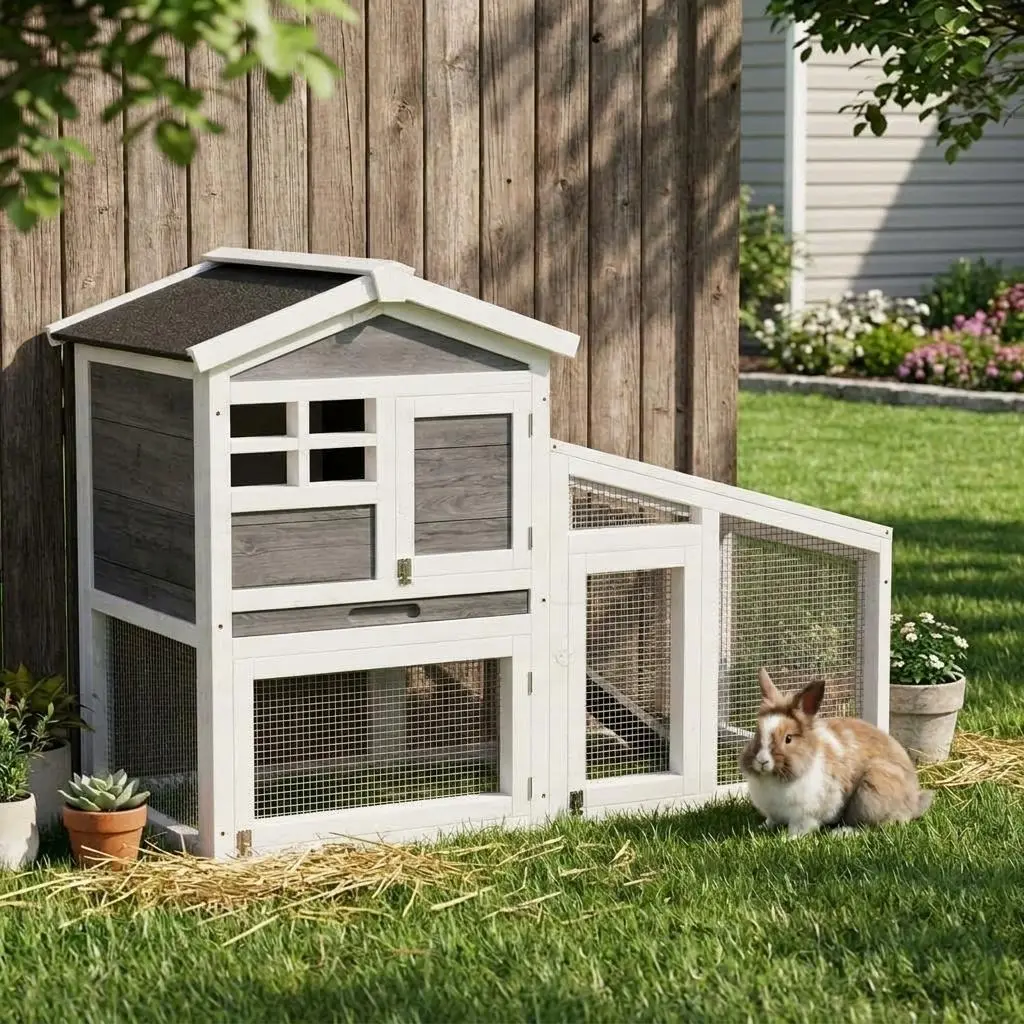 54" Rabbit Hutch, 2-Tier Wooden Bunny Cage with Non-Slip Ramp & Removable Tray for Indoor/Outdoor, Pet Cage with Weatherproof Asphalt Roof for Rabbits, Guinea Pigs, Chickens, Multiple Colors
