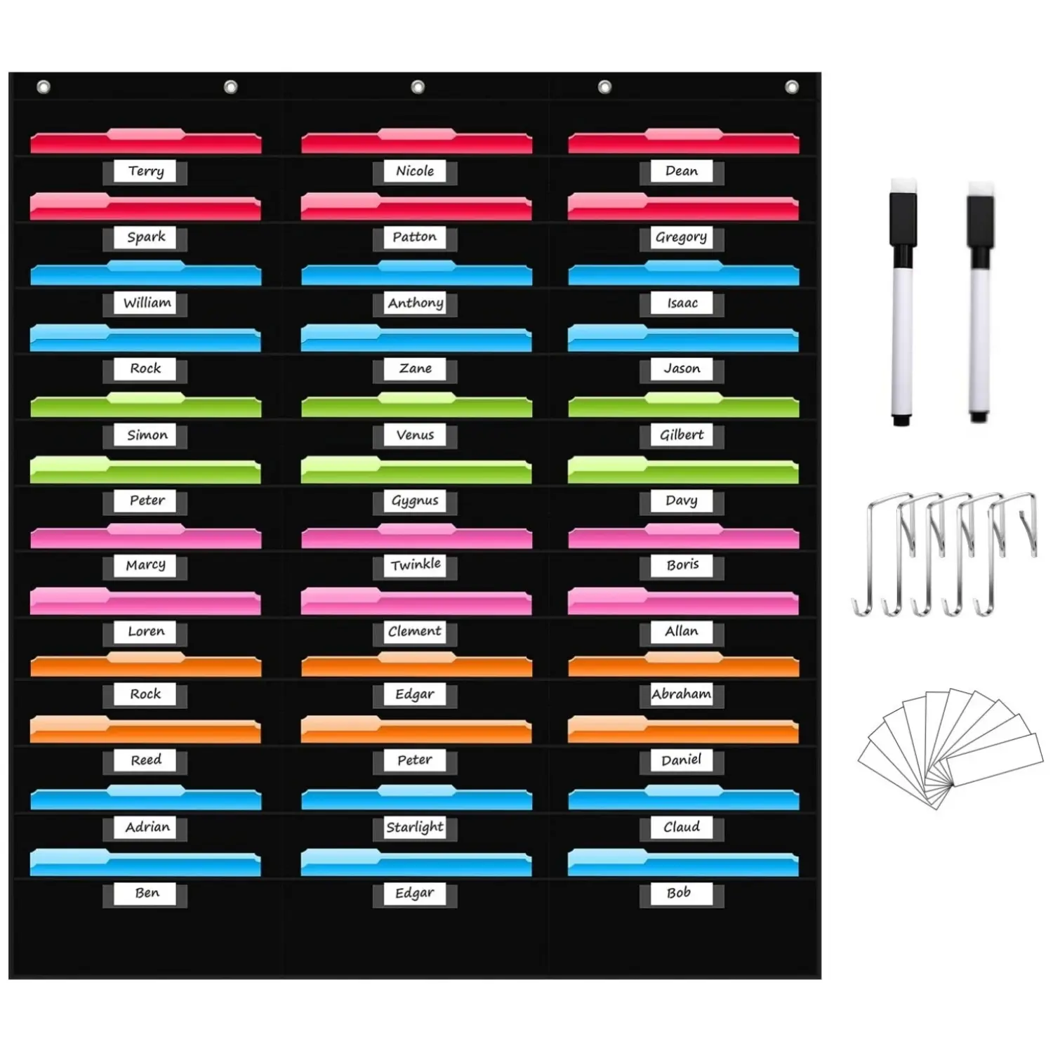 Wall File Organizer Pocket Chart, Hanging Storage with Nametag Pockets for Classroom Office, Black