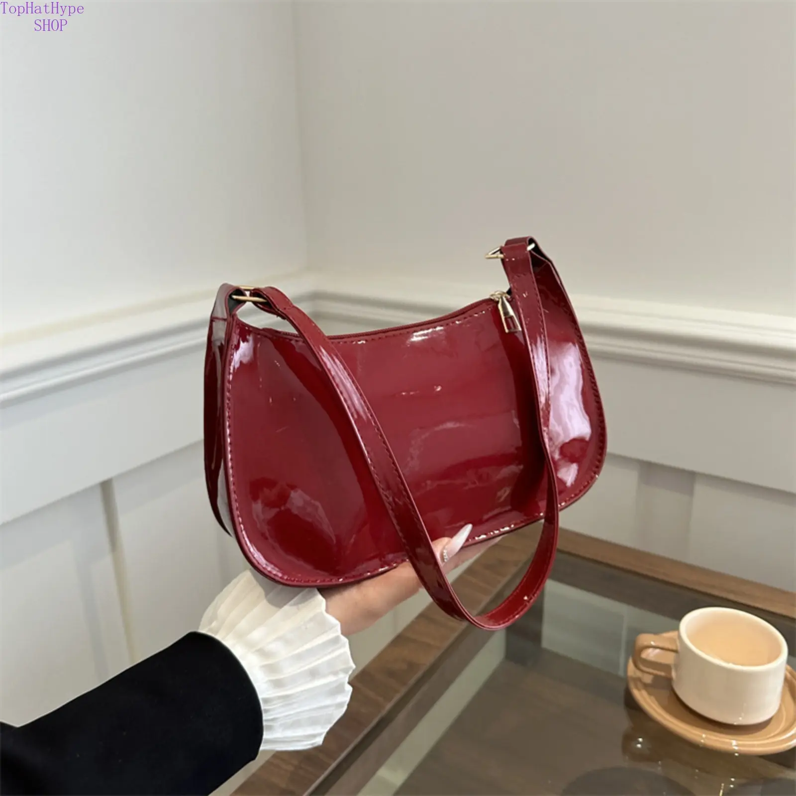 Retro Solid-Color Patent Leather Baguette Purse Shoulder Bag for Women, 2026 Summer Vintage Underarm Handbag, Smooth Waterproof Lightweight Fashion Versatile Daily Bag, Ideal for Dating, Shopping, Everyday Casual Outfits, Bags For Women Purses