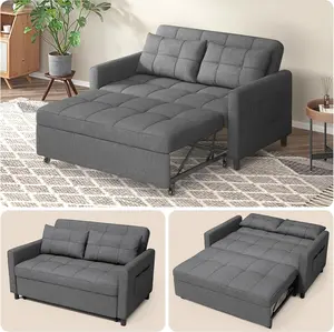 GIZOON 3-in-1 Convertible Futon Sofa Bed, Space Saving Loveseat Sleeper with 53.2” Full-Size Pull-Out Couch, Linen Fabric Dark Grey Sofa, Side Pocket & Adjustable Backrest for Living Room