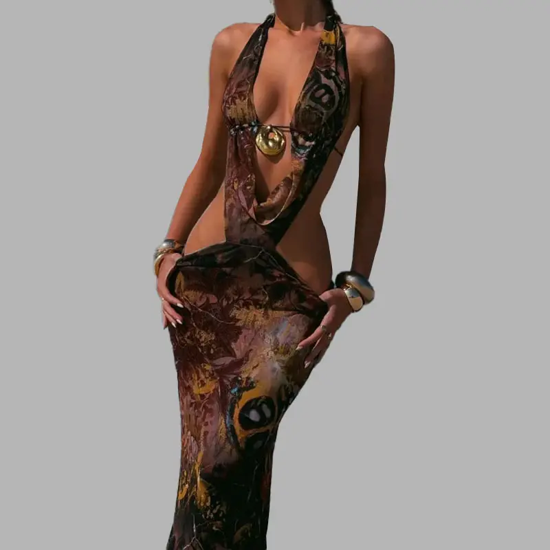 2025 European and American women's clothing halter neck sleeveless waist backless sexy printed long skirt
