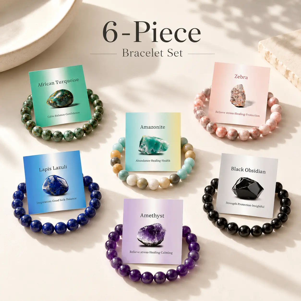 LUMINAVA 6PCS Crystal-Style Beaded Bracelet Gift Set for Adults, Natural Stone-Inspired Stretch Jewelry with Meaning Cards, featuring Amethyst for Everyday Healing & Calming