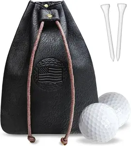 Real Leather Golf Ball Bag: USA Golf Tee Bag Pouch with Drawstrings Valuables Pouch for Men - Cool Funny Gifts for Him Golfers Men
